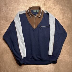Vintage 90s Scandia Woods Quarter Zip Sweatshirt Navy Brown Long Sleeve Gorpcore